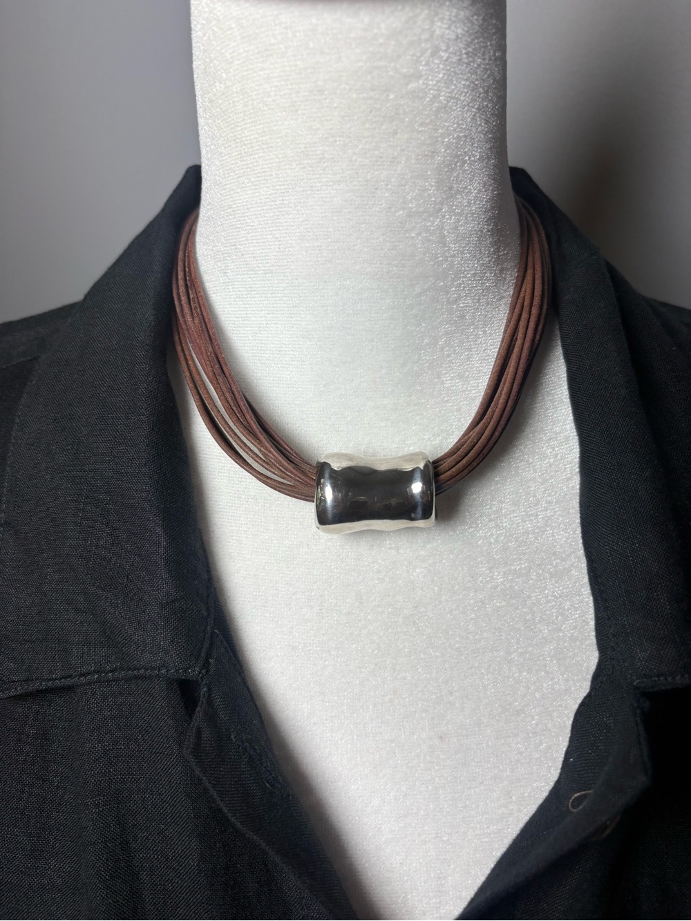 Silpada N0905 Sterling Silver 925 Brown Leather 14 Strand Necklace